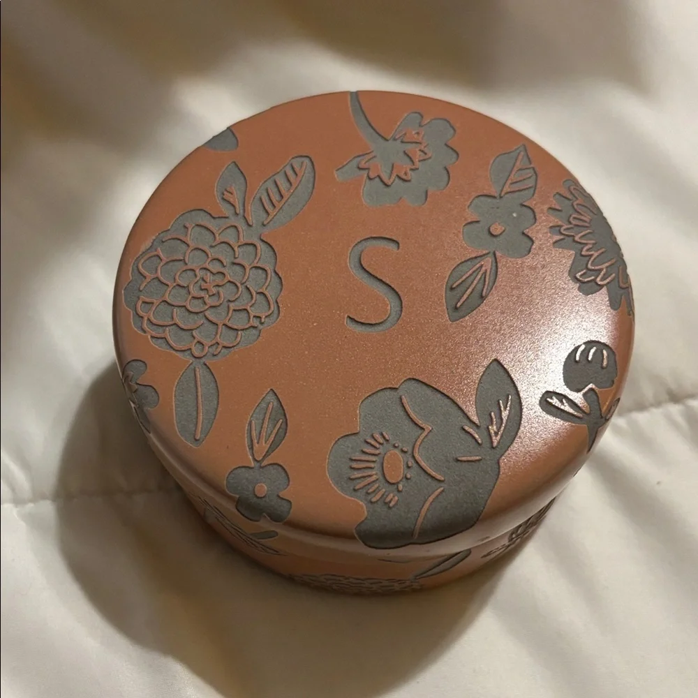 Anthropologie Floral Embossed Round Tin - Brown and Gray